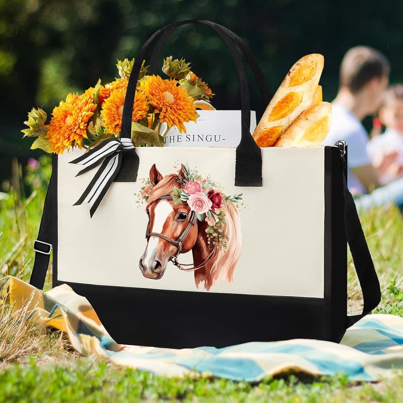 Personalized Horse Canvas Tote Bag for Equestrian Lovers