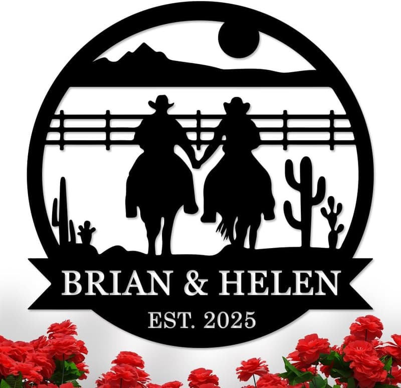 Custom Cowboy Couple Metal Wall Art with Date - Love Decor