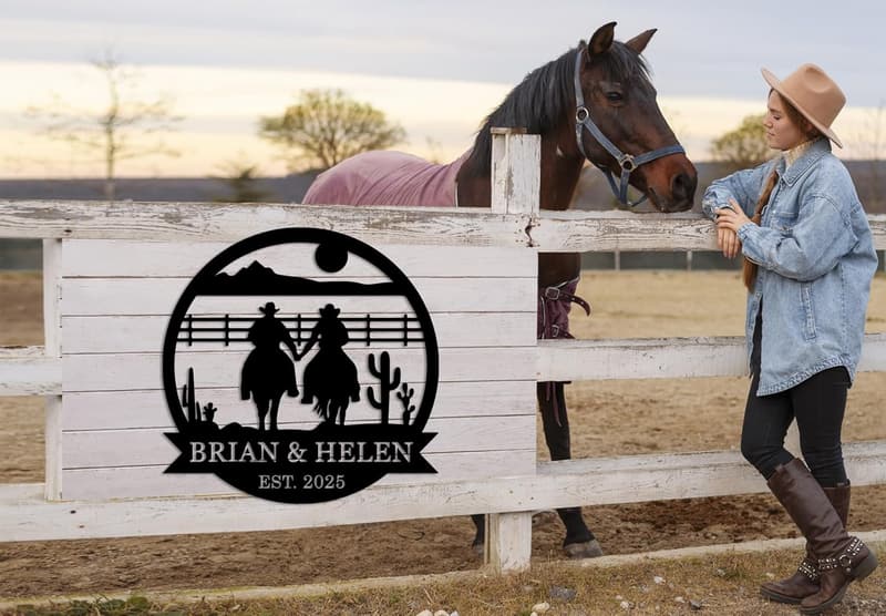 Custom Cowboy Couple Metal Wall Art with Date - Love Decor