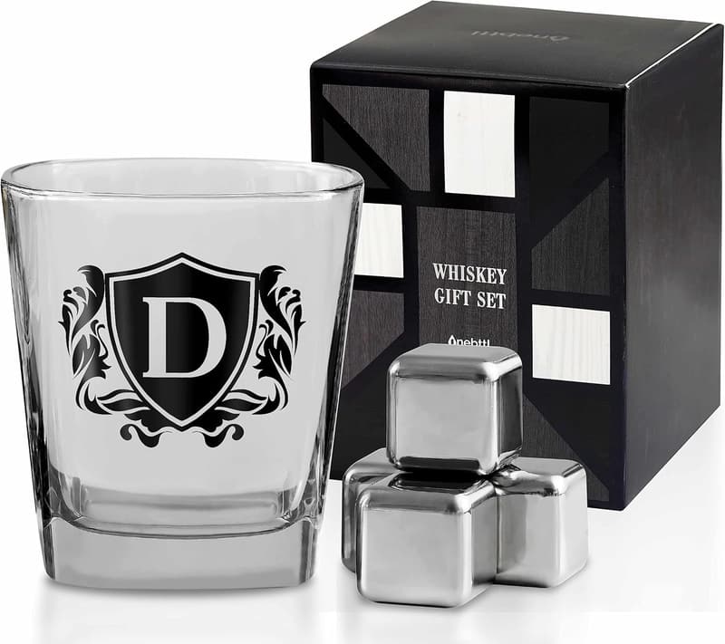 Personalized Initial Whiskey Glass Set with Stones for Dad
