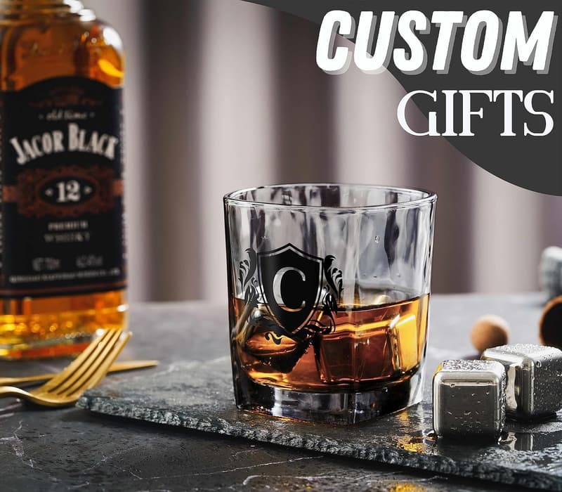 Personalized Initial Whiskey Glass Set with Stones for Dad
