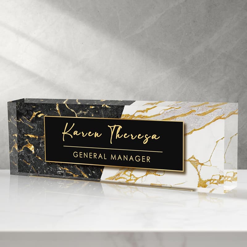 Personalized Black Marble Office Name Plate for Men