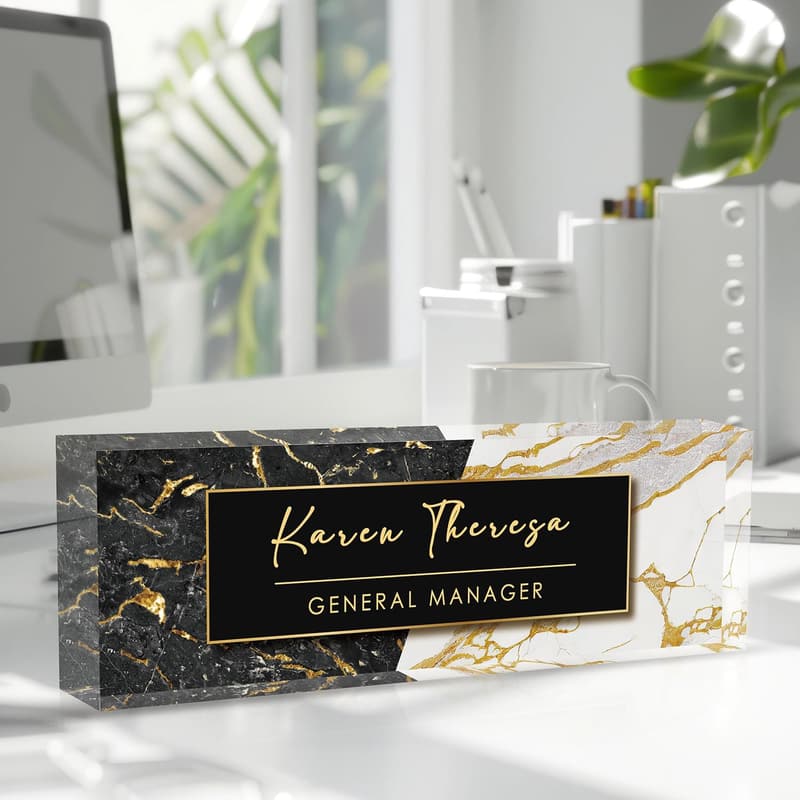 Personalized Black Marble Office Name Plate for Men