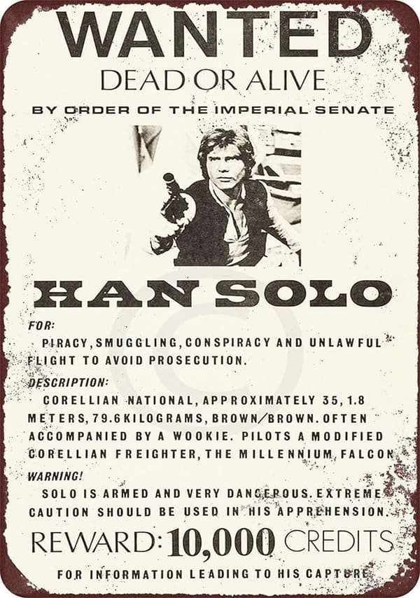 Custom Han Solo Wanted Poster Tin Sign Wall Decor