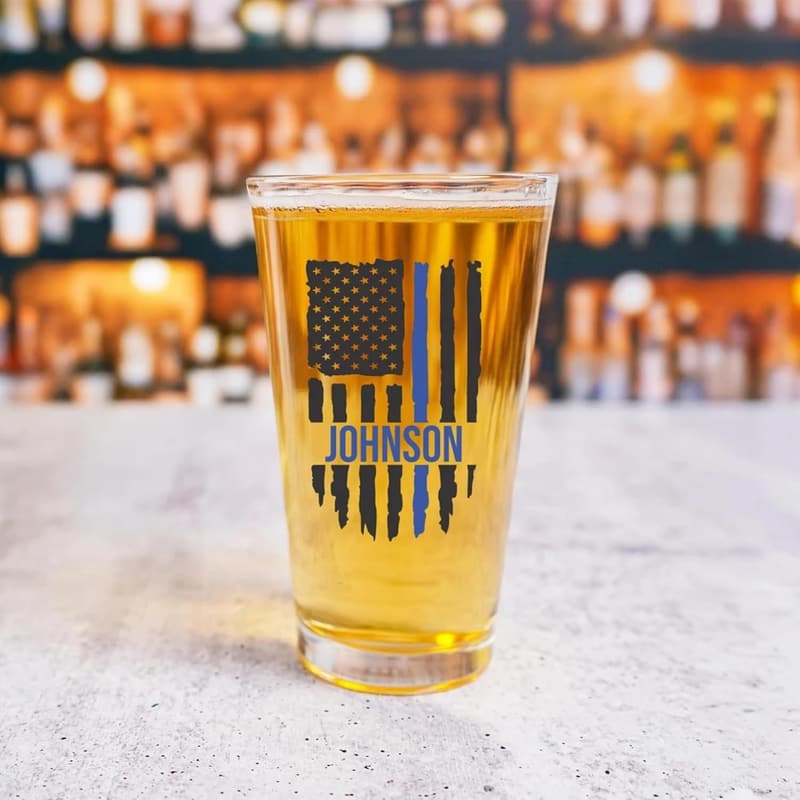 Personalized Thin Blue Line Pint Glass for First Responders