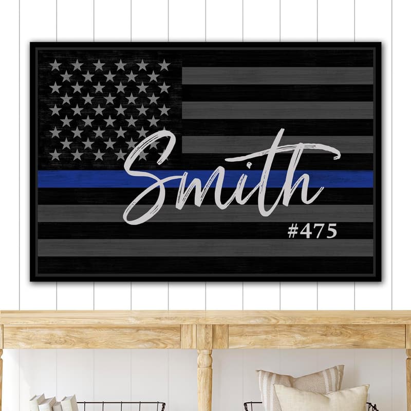 Personalized Thin Blue Line Flag Canvas Art for Police Officers