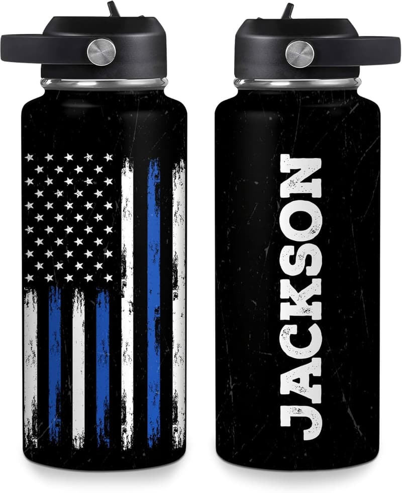 Personalized Police Insulated Water Bottle - Thin Blue Line, 18 oz & 32 oz