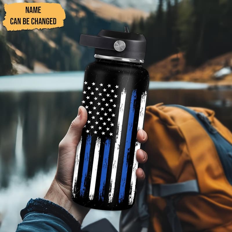 Personalized Police Insulated Water Bottle - Thin Blue Line, 18 oz & 32 oz