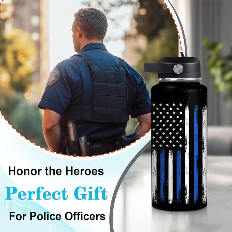 Personalized Police Insulated Water Bottle - Thin Blue Line, 18 oz & 32 oz