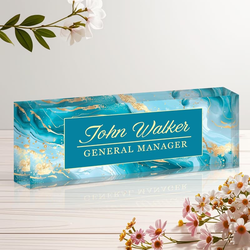 Custom Acrylic Desk Name Sign - Office Gift for Coworkers (Blue Marble)