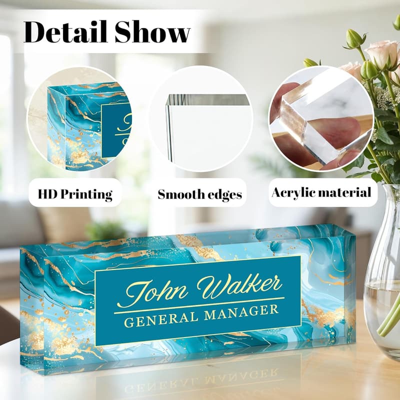 Custom Acrylic Desk Name Sign - Office Gift for Coworkers (Blue Marble)