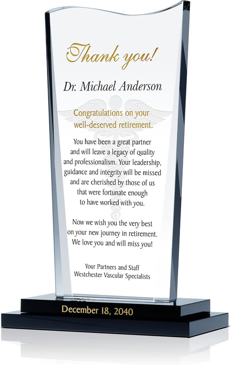 Personalized Crystal Retirement Plaque for Physicians