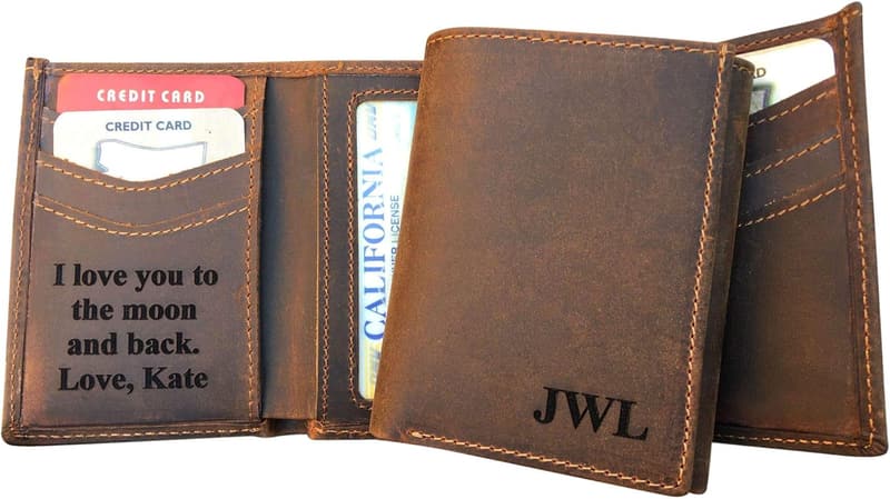 Men's Trifold Wallet - Personalized Leather, RFID Blocking, Custom Message