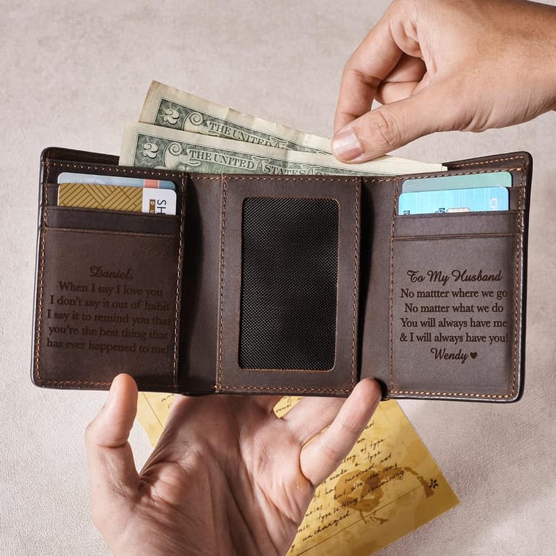 Personalized Leather Trifold Wallet for Him - Birthday Gift
