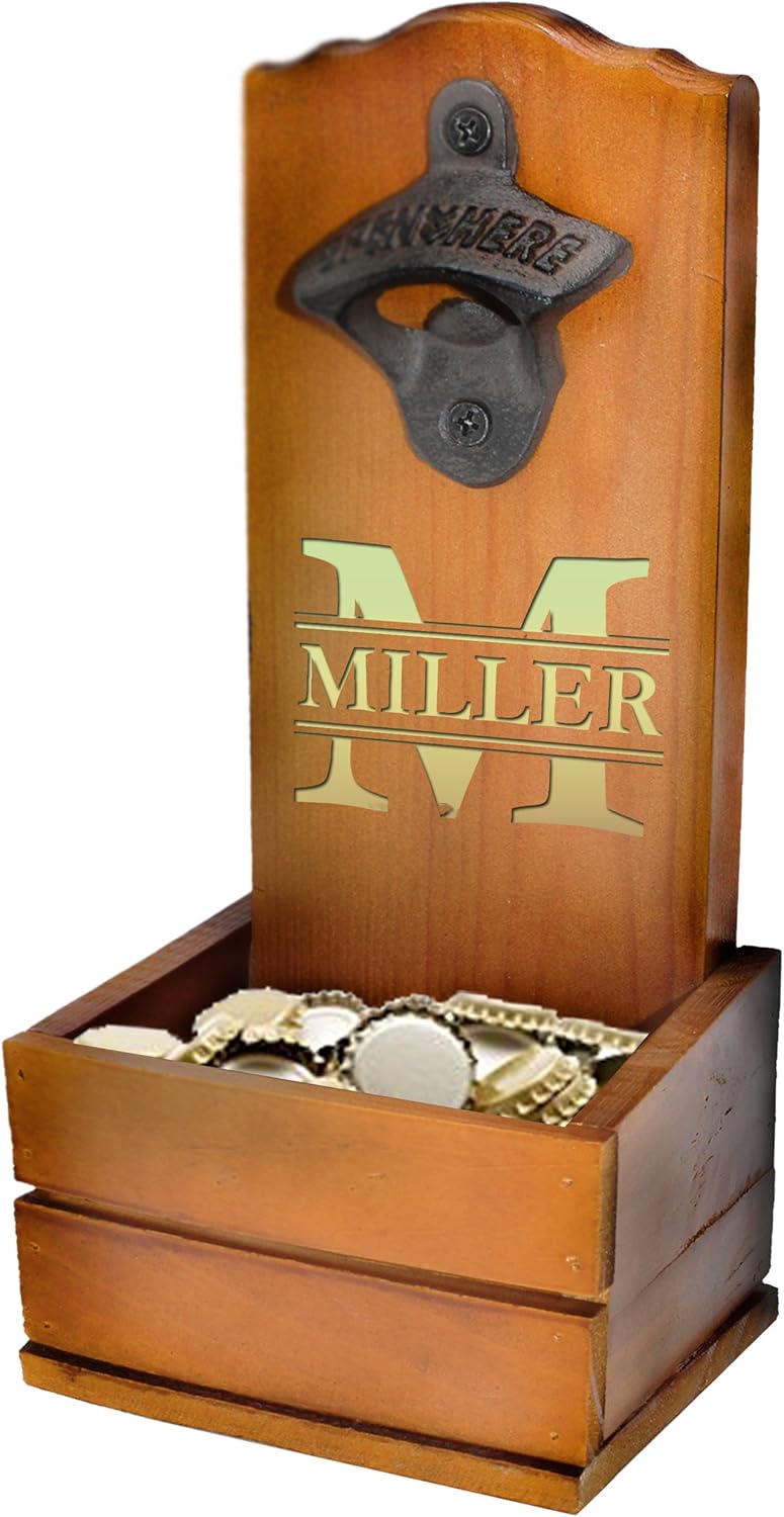 Custom Engraved Wooden Wall-Mounted Bottle Opener with Cap Catcher