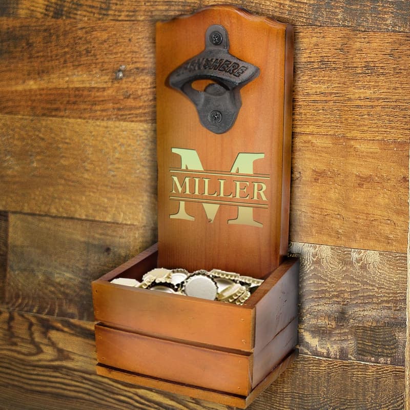 Custom Engraved Wooden Wall-Mounted Bottle Opener with Cap Catcher