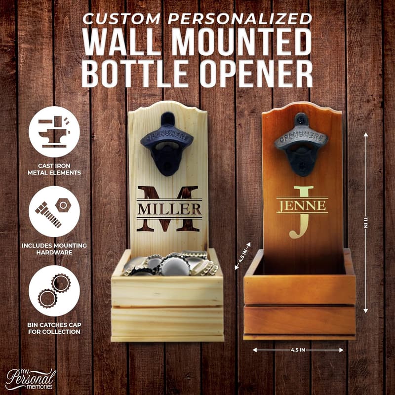 Custom Engraved Wooden Wall-Mounted Bottle Opener with Cap Catcher