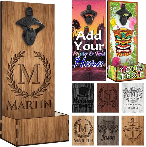 Personalized Wooden Bottle Opener with Cap Catcher for Men