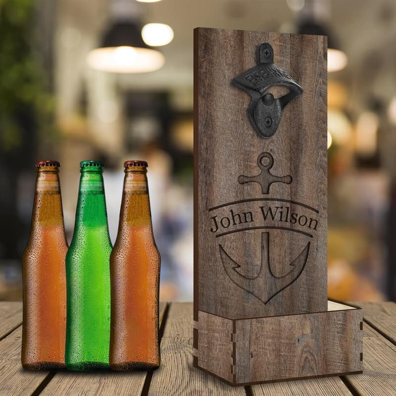 Personalized Wooden Bottle Opener with Cap Catcher for Men