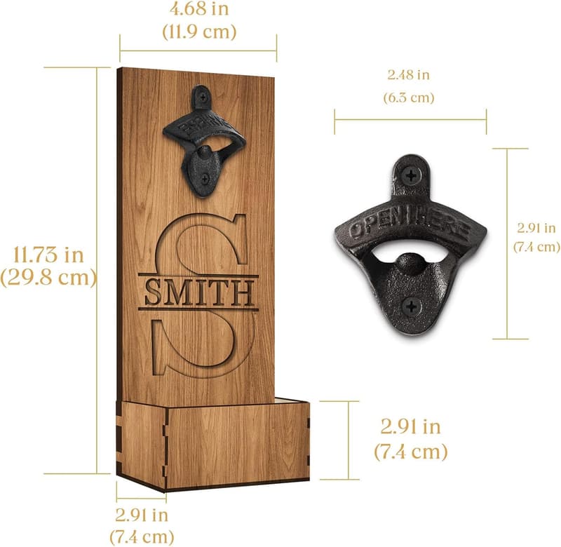 Personalized Wooden Bottle Opener with Cap Catcher for Men