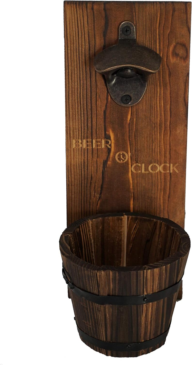 Rustic Wall-Mounted Bottle Opener with Wooden Catcher