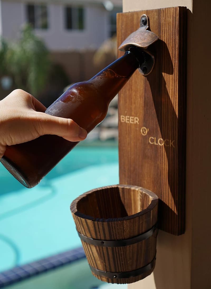 Rustic Wall-Mounted Bottle Opener with Wooden Catcher