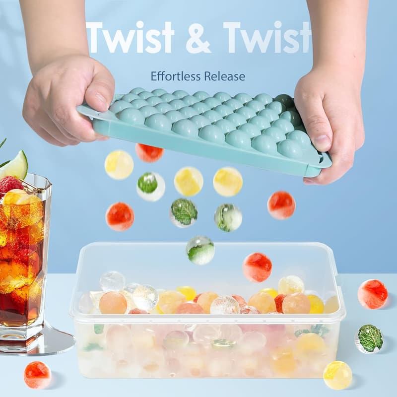 Round Ice Cube Trays with Lid & Bin - 2-Pack for Freezer