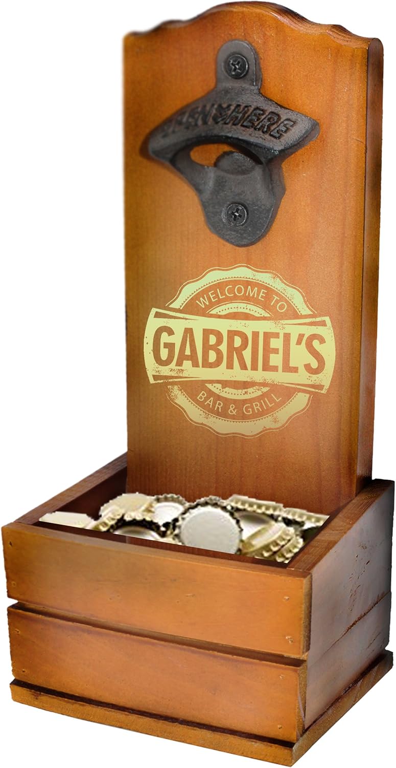Personalized Wood Wall-Mounted Beer Bottle Opener with Cap Catcher