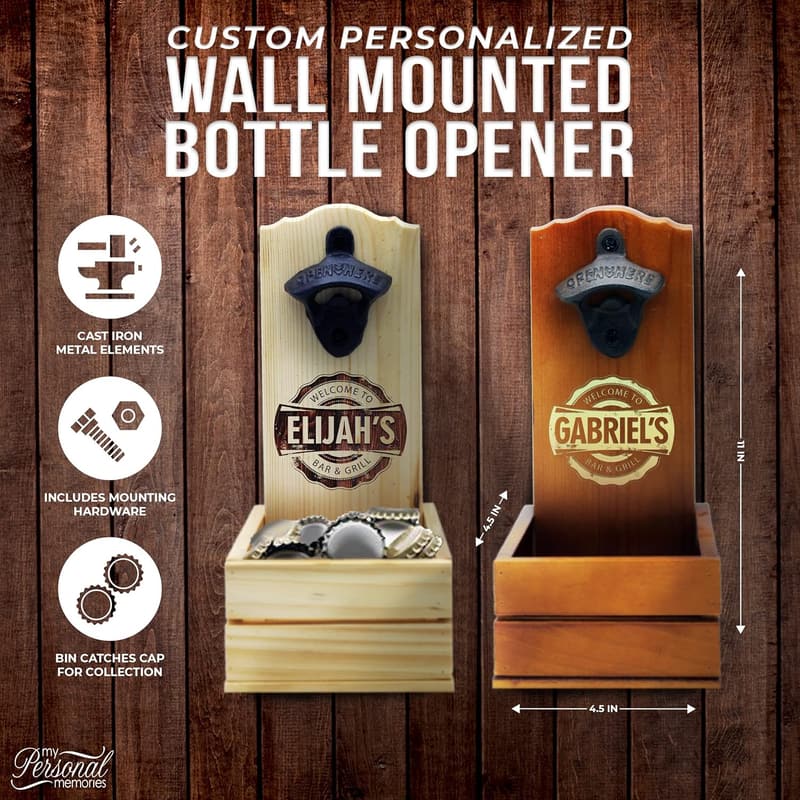 Personalized Wood Wall-Mounted Beer Bottle Opener with Cap Catcher