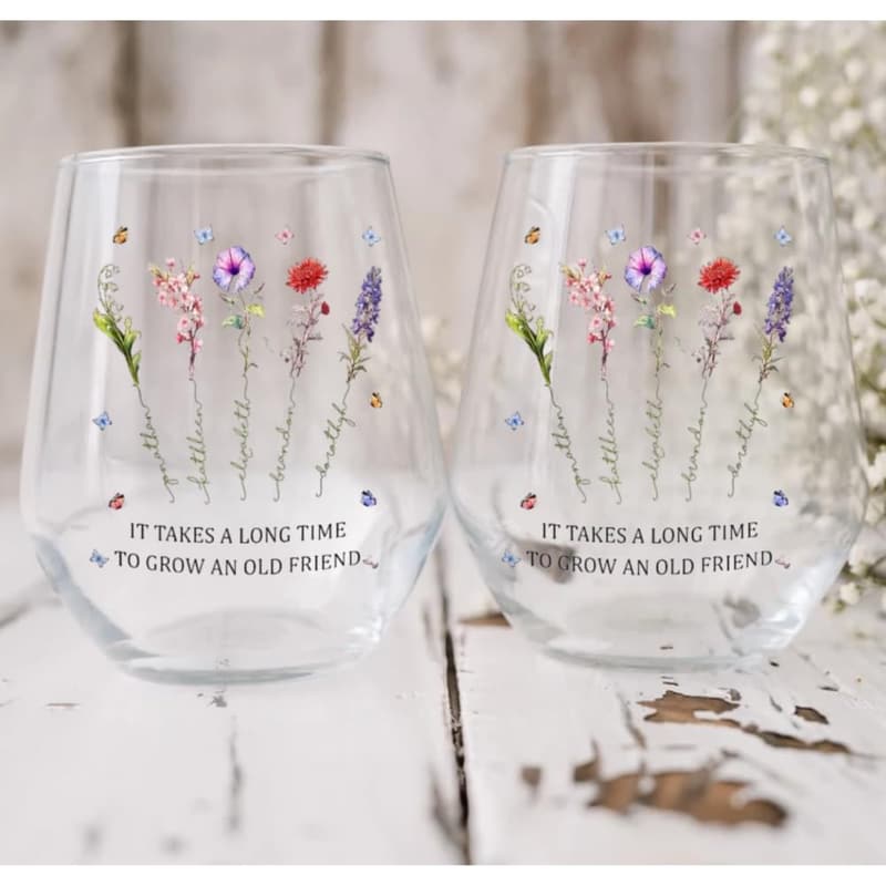 Personalized Birth Month Flowers Wine Glass for Best Friends
