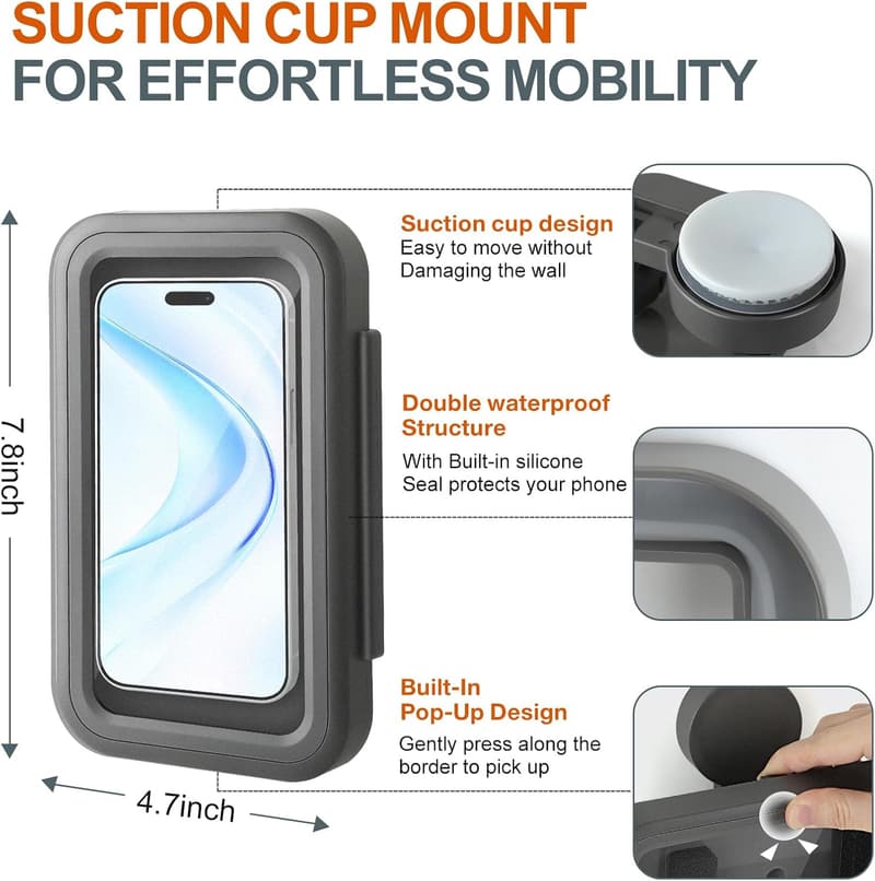 Waterproof Shower Phone Holder with 480° Rotation and Suction Cup