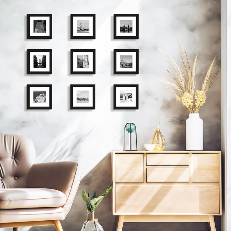 Set of 3 Black Wood Frames for 4x4 Photos with White Mat