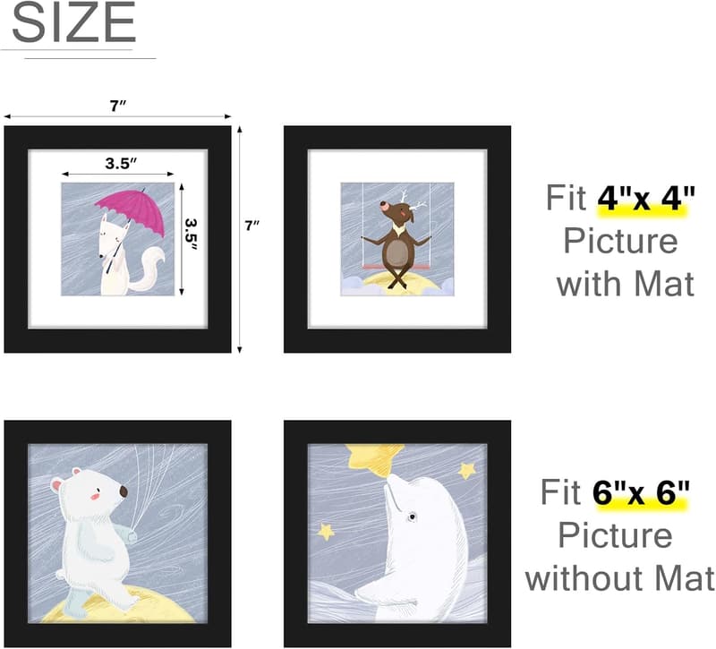 Black 6x6 Wood Frame with White Mat for 4x4 Photos