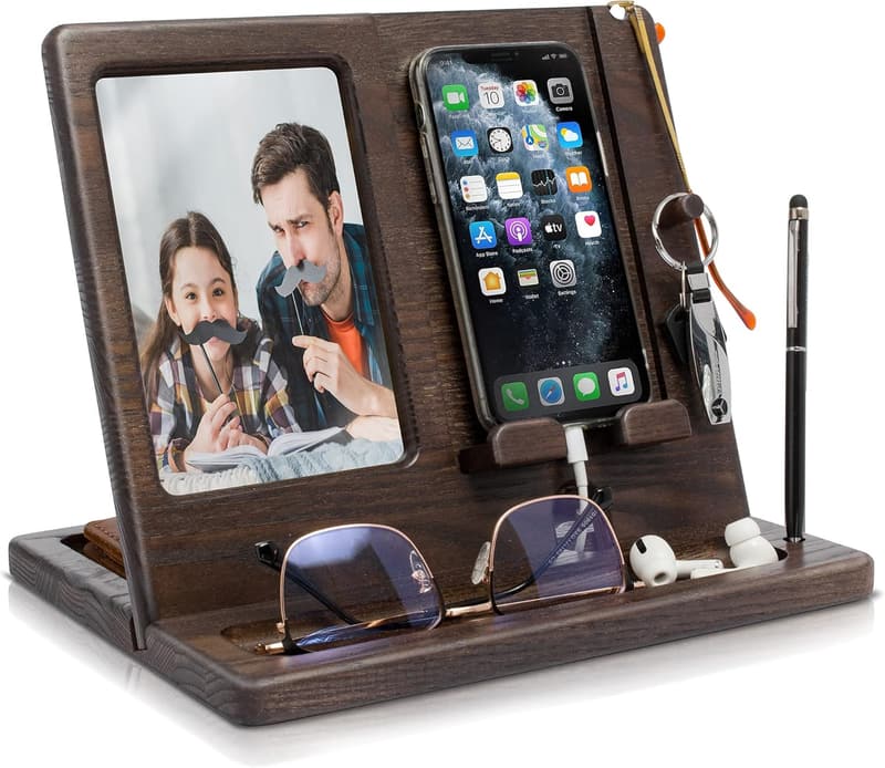 Men's Wood Phone Docking Station & Photo Frame Organizer
