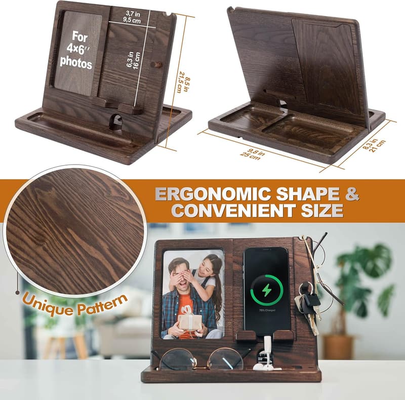 Men's Wood Phone Docking Station & Photo Frame Organizer