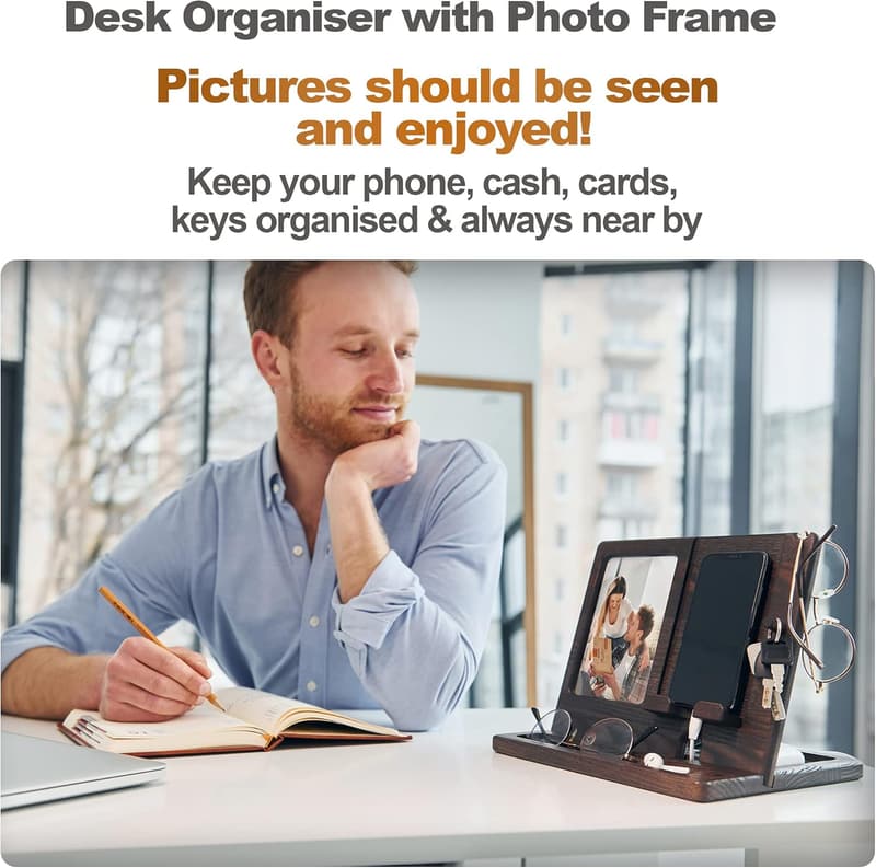 Men's Wood Phone Docking Station & Photo Frame Organizer
