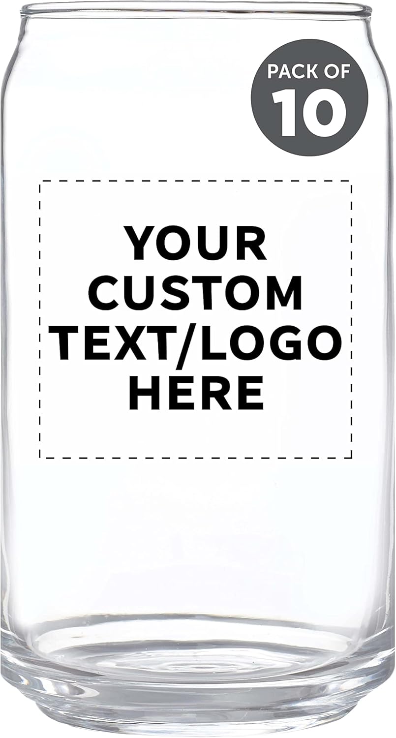 Custom Beer Can Glasses Set of 10, 16 oz. Clear Glassware
