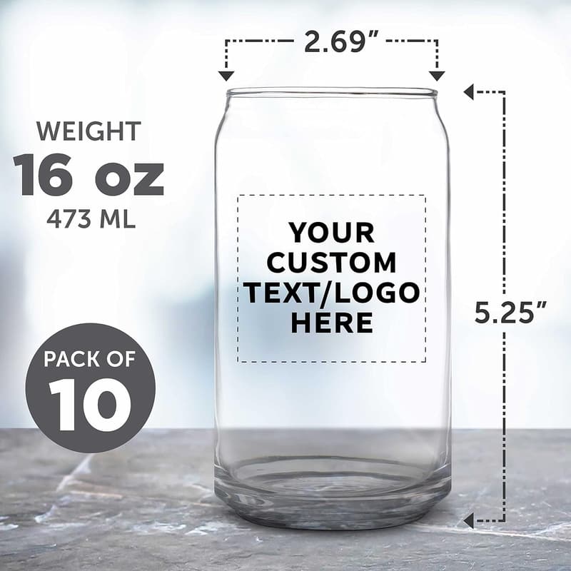 Custom Beer Can Glasses Set of 10, 16 oz. Clear Glassware
