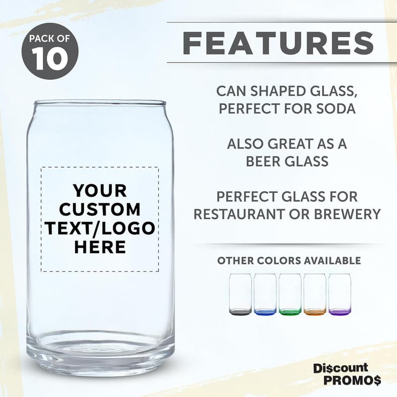 Custom Beer Can Glasses Set of 10, 16 oz. Clear Glassware