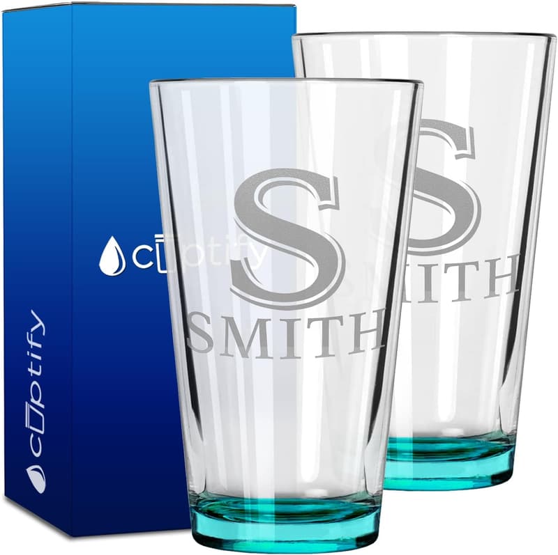 Engraved Teal Beer Glasses Set of 2 for Men & Women