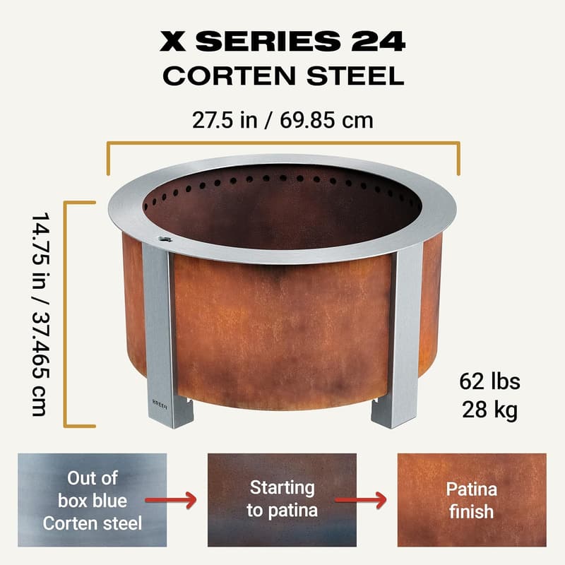 Breeo Smokeless Fire Pit X Series 24 - Corten Steel Gift for Dad