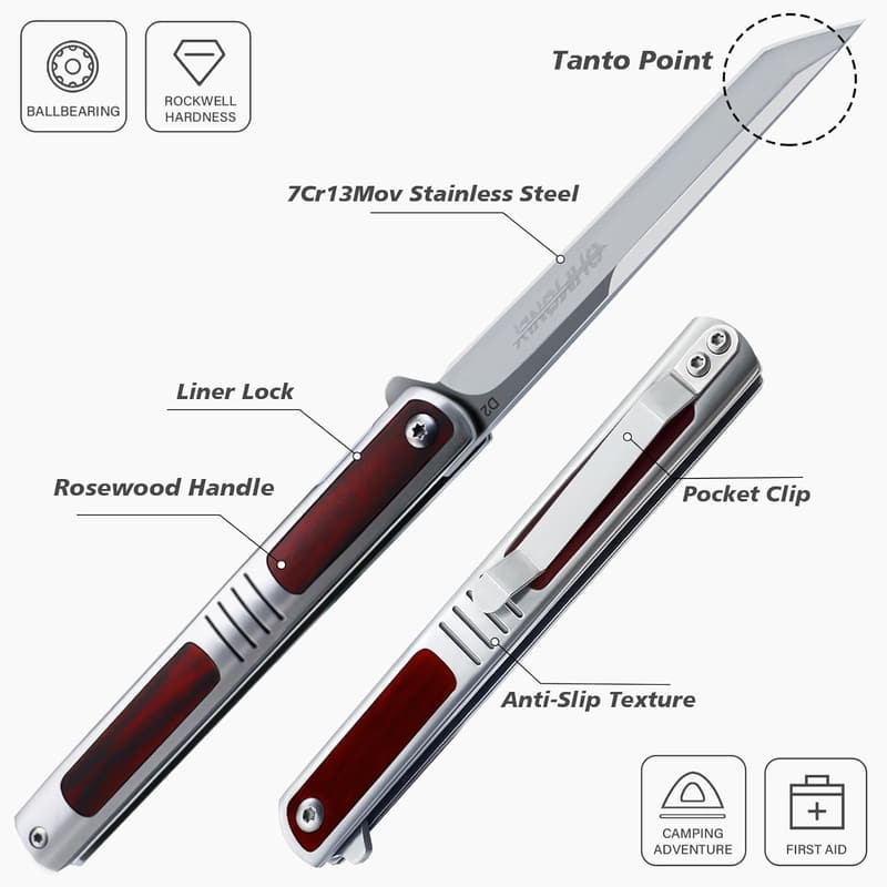 Folding Tanto Knife with Rosewood Handle – Great Gift for Men