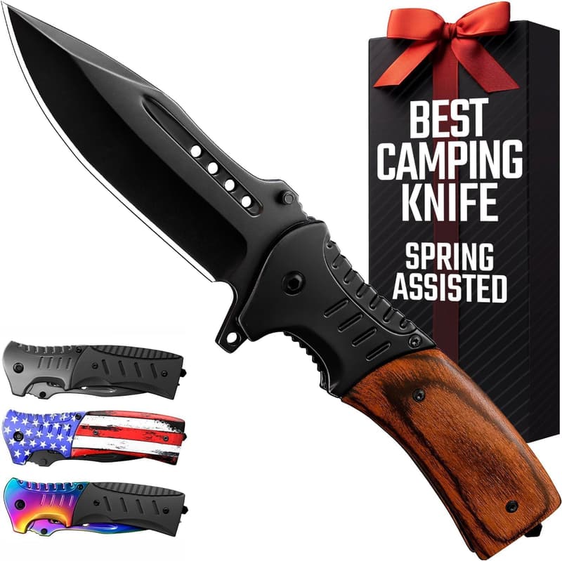 Tactical Folding Pocket Knife with Wood Handle - 3.66