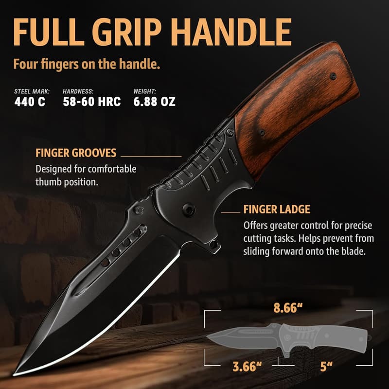 Tactical Folding Pocket Knife with Wood Handle - 3.66