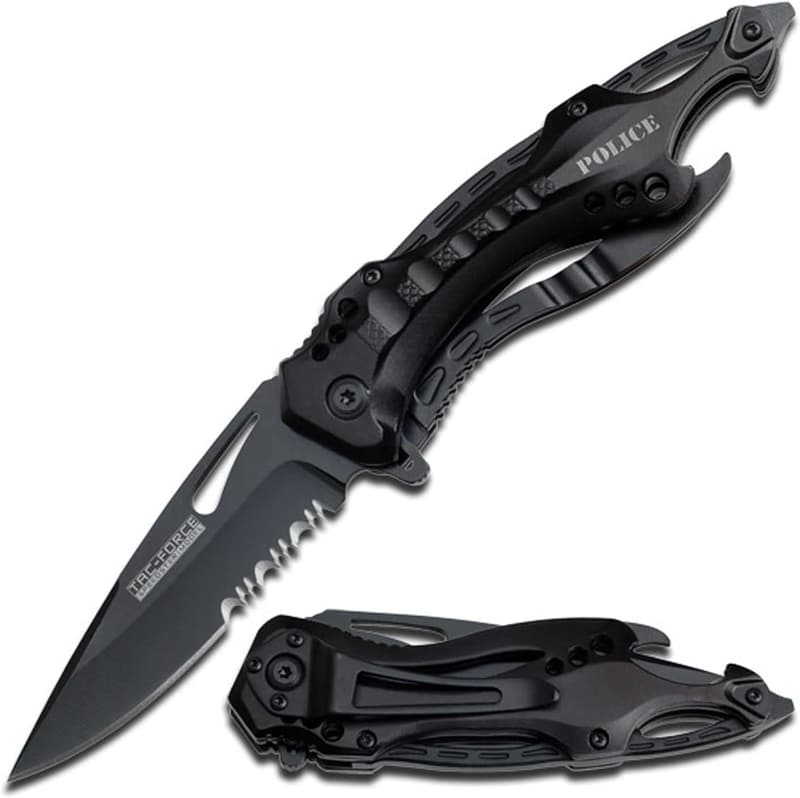 Tac-Force Folding Pocket Knife with Serrated Blade, Black Handle