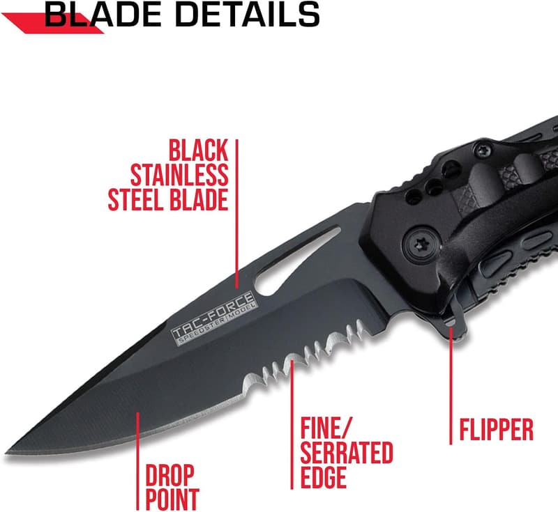 Tac-Force Folding Pocket Knife with Serrated Blade, Black Handle