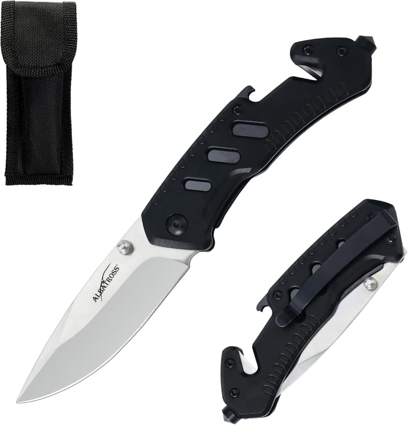 Multifunction Black Folding Knife with Bottle Opener and Rope Cutter