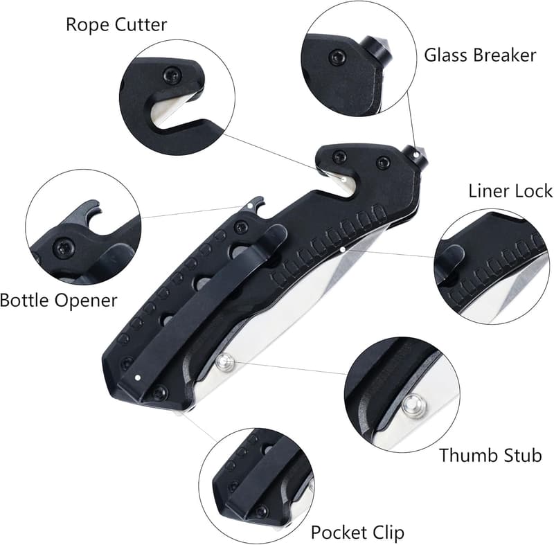 Multifunction Black Folding Knife with Bottle Opener and Rope Cutter