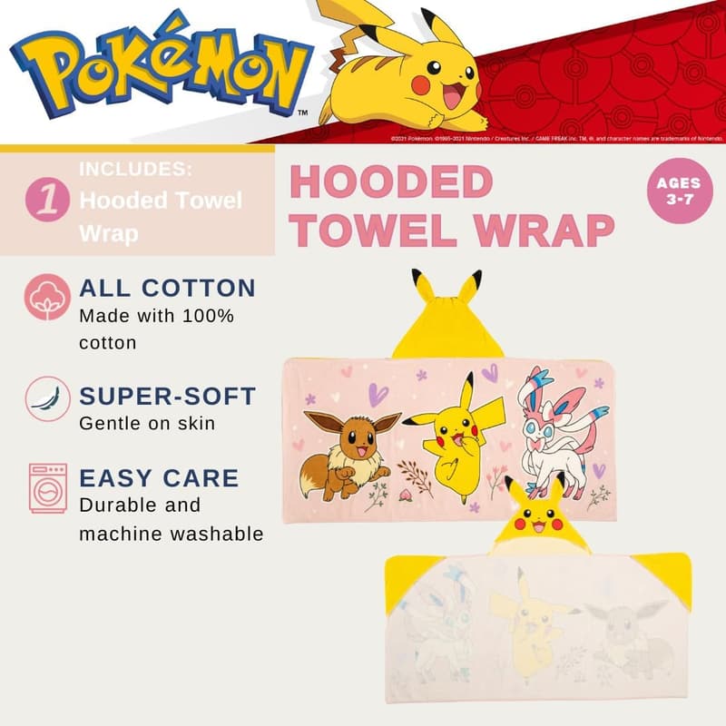 Pokemon Hooded Towel Wrap for Kids - Soft Cotton, 24