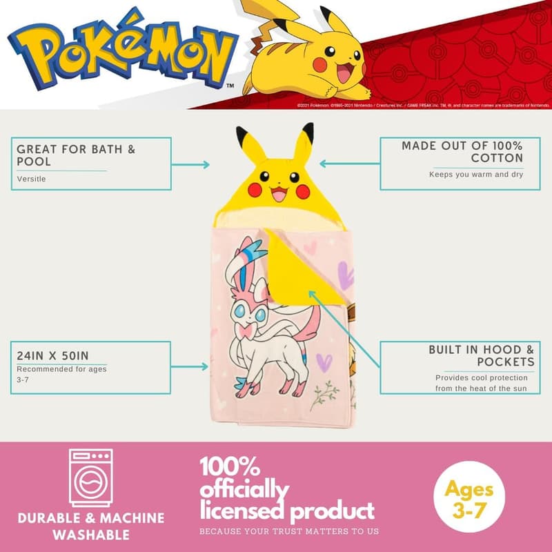 Pokemon Hooded Towel Wrap for Kids - Soft Cotton, 24